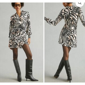 Anthropologie Black & White Zebra Print Mini Dress Faux Wrap Balloon Sleeves 8P
